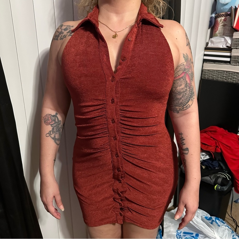 Fashion Nova Rust Button-Front Mini Dress